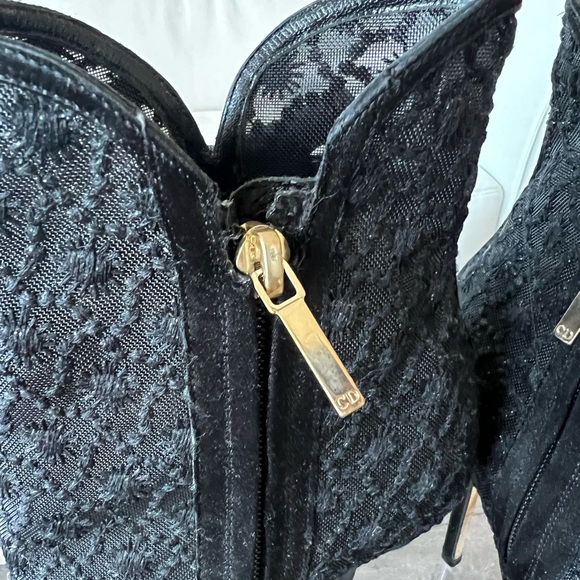 CHRISTIAN DIOR | BLACK MESH DESIGN SATIN HEELED BOOTIES W/ BOWS - Picture 10 of 12